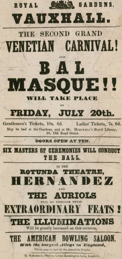 النشرة الترويجية للكرنفال جراند فينيسيا الثاني و Bal Masque في الحدائق الملكية ، فوكسهول ، لندن بواسطة مدرسة اللغة الإنجليزية