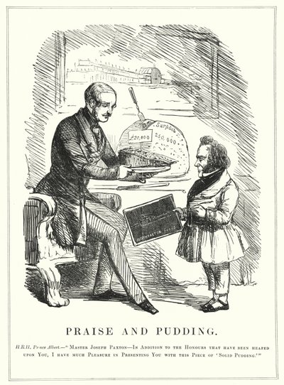 Punch cartoon: Praise and Pudding: Prince Albert rewarding Joseph Paxton for designing the Crystal Palace to house the successful Great Exhibition of 1851 in Hyde Park, London (engraving) بواسطة مدرسة اللغة الإنجليزية