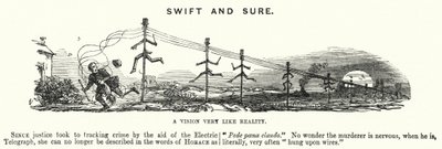 كارتون لكمة: Swift and Sure - استخدام التلغراف الكهربائي في تتبع الجريمة (النقش) بواسطة مدرسة اللغة الإنجليزية