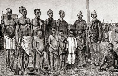 الأقزام الأصليون مقارنة مع الضباط الإنجليز والسودانيين والزنجباريين ، 1890 (نقش الخشب) بواسطة مدرسة اللغة الإنجليزية