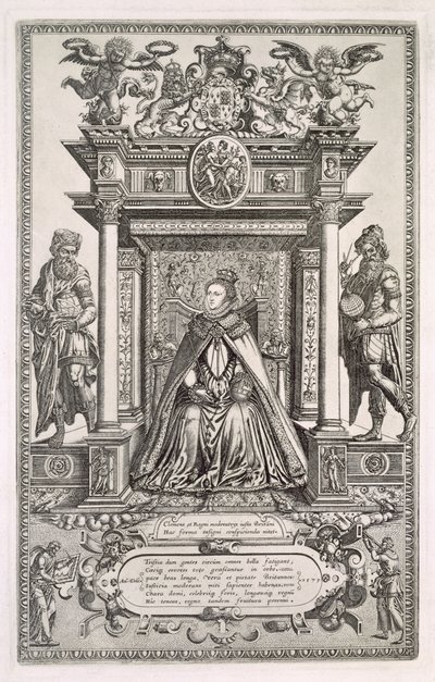 الملكة إليزابيث الأولى (1533-1603) راعية الجغرافيا والفلك ، واجهة إلى كتاب خرائط ساكسونيا في إنجلترا ، 1579 بواسطة مدرسة اللغة الإنجليزية