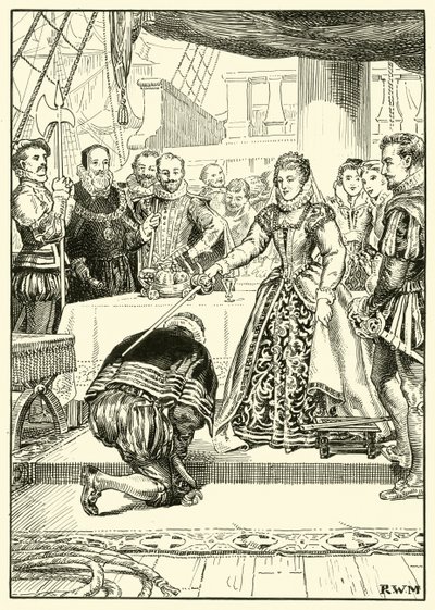 الملكة إليزابيث على متن السفينة Golden Hind (حبر على ورق) بواسطة مدرسة اللغة الإنجليزية