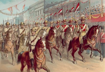 اليوبيل الماسي للملكة فيكتوريا عام 1897 ، والبنادق الفيكتورية ونيو ساوث ويلز لانسرز يمرون بمول بول (كروموليثو) بواسطة مدرسة اللغة الإنجليزية