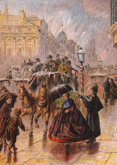 مشهد شارع ممطر (طباعة حجرية ملونة) بواسطة مدرسة اللغة الإنجليزية