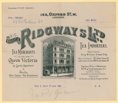 الإيصال من Ridgways ، مستوردي الشاي ، 182 شارع أكسفورد ، لندن بواسطة مدرسة اللغة الإنجليزية