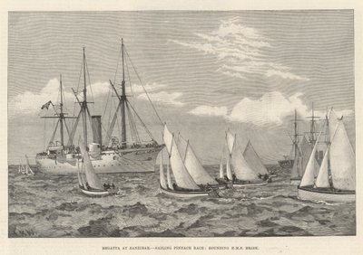 سباق القوارب في زنجبار ، سباق بيناس الشراعي ، تقريب HMS Brisk (نقش) بواسطة مدرسة اللغة الإنجليزية