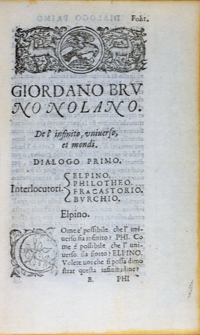 Res 28610 الصفحة الأولى من De lInfinito Universo et Mondi بواسطة Giordano Bruno ، نُشر في لندن ، 1584 (ورق مطبوع) بواسطة مدرسة اللغة الإنجليزية
