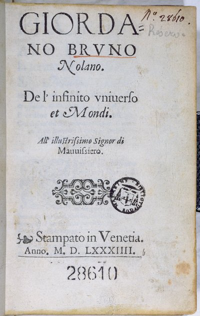 Res 28610 صفحة عنوان De lInfinito Universo et Mondi بقلم Giordano Bruno ، نُشرت في لندن ، 1584 (ورقة مطبوعة) بواسطة مدرسة اللغة الإنجليزية
