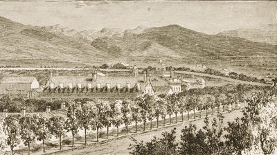 سكن بريغام يونغ (1801-1877) الرئيس الثاني لكنيسة المورمون ، سولت ليك سيتي ، يوتا ، من "الصور الأمريكية" ، نشرته جمعية المسالك الدينية ، 1876 بواسطة مدرسة اللغة الإنجليزية
