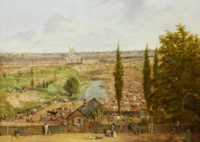 مزرعة Rhobess في عام 1844 (الآن ساحة Ampthill في كامدن ، لندن) ؛ يحمل نقشًا "كل ما تبقى في عام 1844 من شارع Rhobess Farm Hampstead Road الذي كان يُحتفل به في يوم من الأيام الآن Ampthill Square" (على ظهر الملصق) ؛ زيت على اللوحة؛ 33 × 45.5 سم بواسطة مدرسة اللغة الإنجليزية