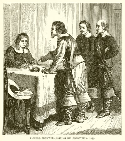 ريتشارد كرومويل يوقع تنازله ، 1659 بواسطة مدرسة اللغة الإنجليزية