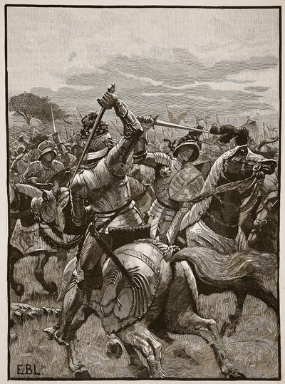 ريتشارد الثالث في معركة بوسورث ، رسم توضيحي من Cassells Illustrated History of England (sepia photo) بواسطة مدرسة اللغة الإنجليزية