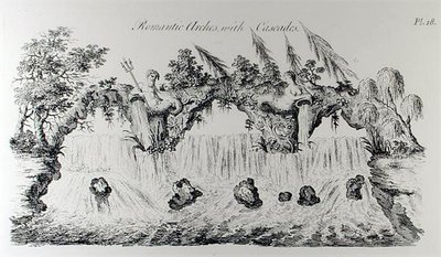 أقواس رومانسية مع شلالات ، من 'Grotesque Architecture أو Rural Amusement' ، بقلم ويليام رايت ، نُشرت حوالي 1767-90 (نقش) (صورة بالأبيض والأسود) بواسطة مدرسة اللغة الإنجليزية