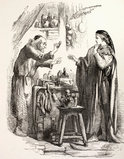يشتري روميو سمًا من الصيدلة ، رسم توضيحي من روميو وجولييت ، من `` The Libraryated Library Shakespeare &39;&39; ، منشور في لندن 1890 (ليثو) بواسطة مدرسة اللغة الإنجليزية
