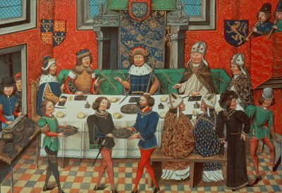 Roy 14 E IV f.244v Duke of Lancaster العشاء مع ملك البرتغال ، من المجلد. III "من تتويج ريتشارد الثاني حتى عام 1387" ، بقلم جان دي باتارد وافرين بواسطة مدرسة اللغة الإنجليزية