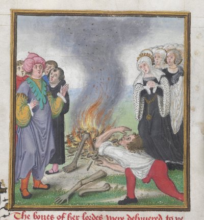 روي 18 دي الثاني ص 161 ثيسيوس حرق جثث الأثينيين الذين قتلوا على يد الملك كريون من طيبة ، من كتاب تروي وقصة طيبة بقلم جون ليدجيت (1370 - 1451) 1412 - 22 (ورق) بواسطة مدرسة اللغة الإنجليزية