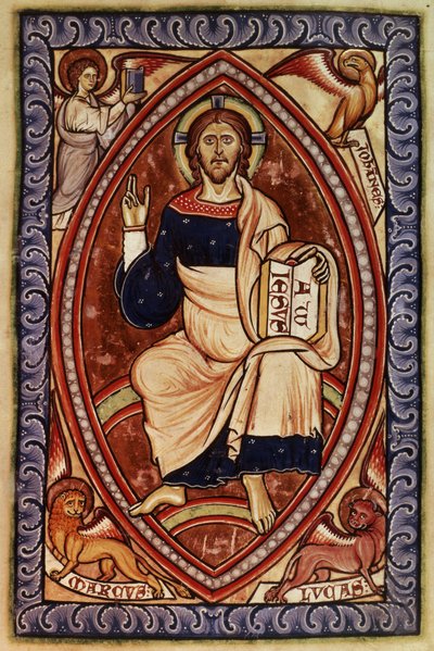 Roy 2 A XXII f.14 المسيح في الجلالة مع رموز الإنجيليين ، من سفر مزامير وستمنستر ، حوالي 1250 (ورق) بواسطة مدرسة اللغة الإنجليزية