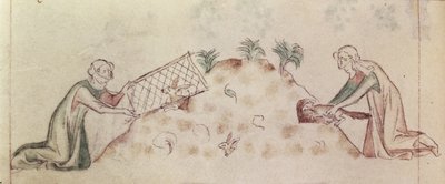 Roy 2 B VII f.155v نساء يصطادن أرنبًا بشبكة ونمس ، من "Queen Mary Psalter" ، حوالي 1310-20 (ورق) بواسطة مدرسة اللغة الإنجليزية