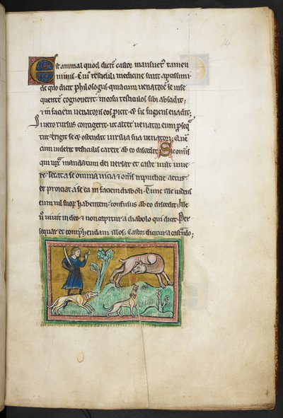 Royal 12 F.XIII، f.14 ذئب (؟) مع دم يخرج من فمه ، وصياد بالكلاب ، من روشستر بيستاري ، الربع الثاني من القرن الثالث عشر بواسطة مدرسة اللغة الإنجليزية