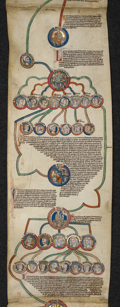 Royal 14 B. VI ، Membrane 6 ، The Royal Genealogy from Steven to John ، رسم توضيحي من "قائمة الأنساب لملوك إنجلترا" ، حوالي 1300-40 (رق) بواسطة مدرسة اللغة الإنجليزية