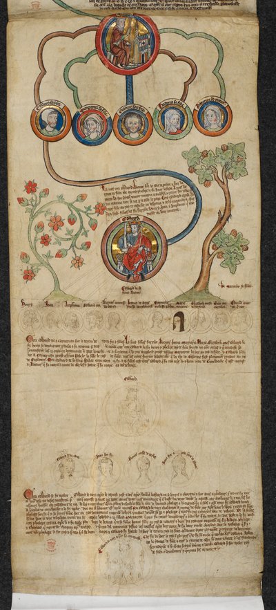 Royal 14 B. VI، Membrane 7، The Royal Genealogy from Henry III to Edward I مع امتداد بيد مختلفة من إدوارد الثاني إلى إدوارد الثالث ، رسم توضيحي من "قائمة الأنساب لملوك إنجلترا" ، حوالي 1300-40 (رق) بواسطة مدرسة اللغة الإنجليزية