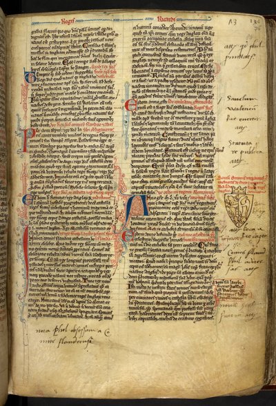 Royal 14 C.VII ff.86v زخرفة الحدود مع شعار النبالة لريتشارد قلب الأسد ، رسم توضيحي من "ماثيو باريس ، هيستوريا أنجلوروم ، كرونيكا الكبرى ، الجزء الثالث" بواسطة مدرسة اللغة الإنجليزية