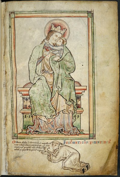 Royal 14 C. VII ، f.6 عذراء وطفل مع فنان ، رسم توضيحي من "Historia Anglorum ، Chronica Majora ، Part III" ، بقلم ماثيو باريس بواسطة مدرسة اللغة الإنجليزية