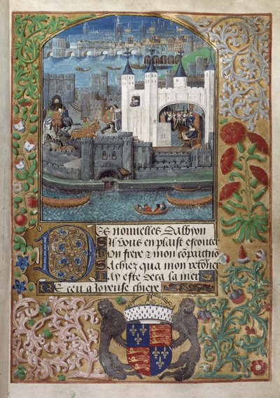 Royal 16 F. II ، f.73 برج لندن ، وخلف جسر لندن. رأى تشارلز ، دوق أورليانز ، يكتب ويقف عند النافذة ويرسل رسالة في الفناء بواسطة مدرسة اللغة الإنجليزية