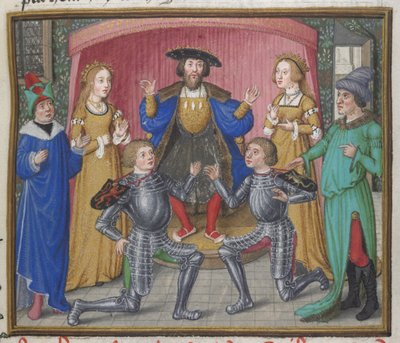 Royal 18 D.II، f.151 مصالحة بين Polynices و Tydeus ، رسم توضيحي من `` حصار طيبة 