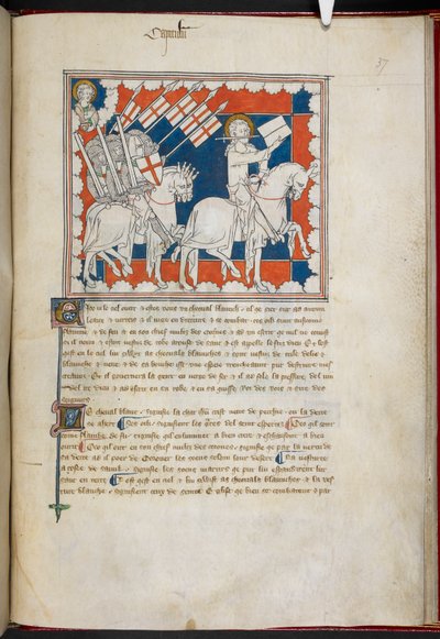 Royal 19 B.XV، f.37 The Rider على الحصان الأبيض وأتباعه ؛ جون أعلاه ، على اليسار ، من "The Queen Mary Apocalypse" (حبر ، لون وذهب على رق) بواسطة مدرسة اللغة الإنجليزية