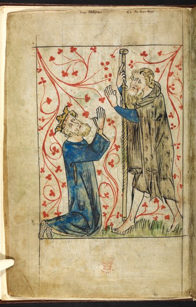 Royal 20 A.II ، f.4v Athelstan with Guy of Warwick ، من "The Chronicle of England" بقلم Peter de Langtoft (ورق) بواسطة مدرسة اللغة الإنجليزية