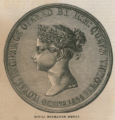 ضرب وسام التبادل الملكي ، للاحتفال بذكرى افتتاح البورصة الملكية عام 1844 بواسطة مدرسة اللغة الإنجليزية