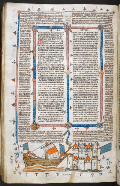 Royal MS 10 IV f.208v هجوم بحري وزخرفة هامشية ، رسم توضيحي من 