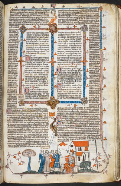Royal MS 10 IV f.240r الملك يدافع عن قصره والزخرفة الهامشية ، رسم توضيحي من `` Decretals Smithfield Decretals 