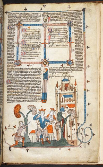 Royal MS 10 IV f.314r الملك والملكة وقلعتهم ذات الزخرفة الهامشية ، رسم توضيحي من "ملصقات سميثفيلد" (ورق الرق) بواسطة مدرسة اللغة الإنجليزية