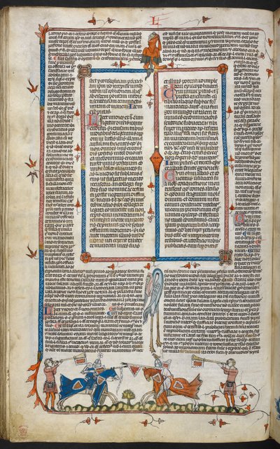 Royal MS 10 IV f.065v Knights Jousting مع زخرفة هامشية ، رسم توضيحي من 