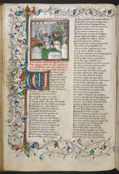 Royal MS 18 D II، f.66v، Miniature of Hector قتل Patroclus ، مع حرف "W" (دجاجة) أولي مضاء وحدود ورقي جزئية ، من كتاب Troy Book من تأليف John Lydgate ، c.1457-60 (ورق) بواسطة مدرسة اللغة الإنجليزية