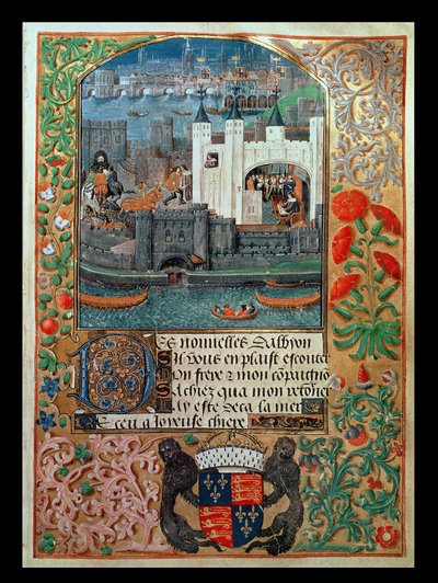 Royal Ms 16 F II، f.73: برج لندن والشحن ، مع تشارلز دوق أورليانز جالسًا في برج الكتابة ، من قصائد تشارلز دوق أورليانز ، حوالي 1500 (ورق) بواسطة مدرسة اللغة الإنجليزية