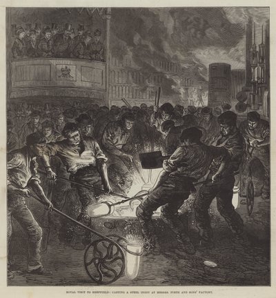 زيارة ملكية إلى شيفيلد ، صب سبيكة فولاذية في مصنع Messers Firth and Sons (نقش) بواسطة مدرسة اللغة الإنجليزية