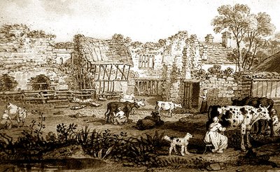 منزل مزرعة مدمر به أبقار حلوب ، حوالي 1800 (قلم وحبر بني داكن على ورق) بواسطة مدرسة اللغة الإنجليزية