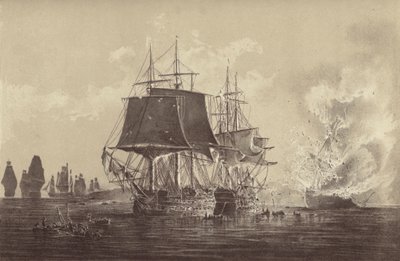 دمرت السفينة الروسية Vsevolod في وجود الأسطول الروسي بعد العمل مع HMS Implacable ، الملحق بالبحرية السويدية وبقيادة الكابتن Thomas Byam Martin ، في بحر البلطيق ، 26 أغسطس 1808 (litho) بواسطة مدرسة اللغة الإنجليزية