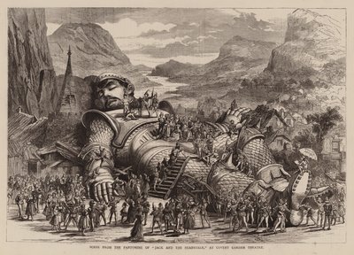 مشهد من مسرحية بانتومايم "جاك وشجرة الفاصولياء" في مسرح كوفنت جاردن (نقش) بواسطة مدرسة اللغة الإنجليزية