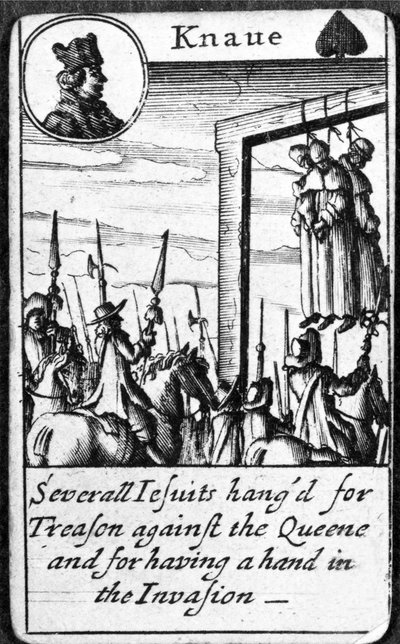 شنق العديد من اليسوعيين لخيانة ، Knave of Spades من مجموعة من أوراق اللعب (النقش) بواسطة مدرسة اللغة الإنجليزية