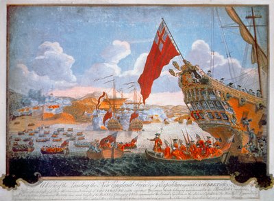 Siege of the French fortress of Louisbourg in 1745 by British vessels and New England colonials (colour litho) بواسطة مدرسة اللغة الإنجليزية