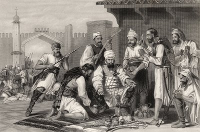 قوات السيخ تقسم الغنائم المأخوذة من المتمردين ، من `` تاريخ التمرد الهندي &39;&39; المنشور عام 1858 بواسطة مدرسة اللغة الإنجليزية