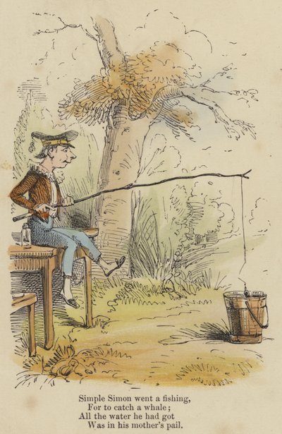ذهب سيمون البسيط للصيد ، ليصطاد حوتًا ؛ كل الماء الذي حصل عليه ، كان في دلو أمه (نقش ملون) بواسطة مدرسة اللغة الإنجليزية