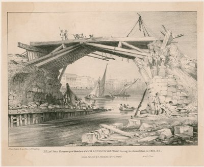 رسم تخطيطي لجسر لندن القديم أثناء هدمه عام 1831 ، 1832 بواسطة مدرسة اللغة الإنجليزية
