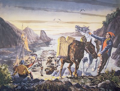 Smugglers loading contraband on their ponies for the journey inland (litho) بواسطة مدرسة اللغة الإنجليزية