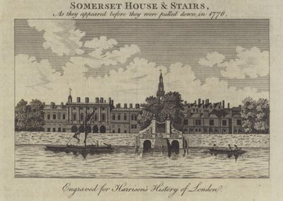 سومرست هاوس وسلالم ، لندن ، كما ظهروا قبل هدمهم في عام 1776 بواسطة مدرسة اللغة الإنجليزية
