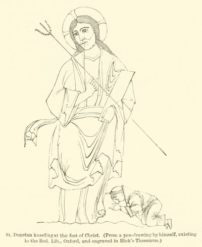 القديس دونستان راكعًا عند قدمي المسيح ، من رسم بالقلم بنفسه ، موجود في بود ليب ، أكسفورد ، ومحفور في قاموس هيك (نقش) بواسطة مدرسة اللغة الإنجليزية